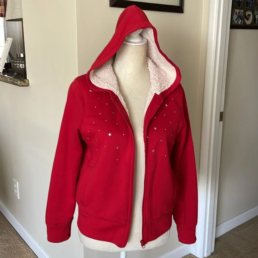 OLD NAVY Girls Jacket, Red with Star Accents and Sherpa Lining.     Size 18